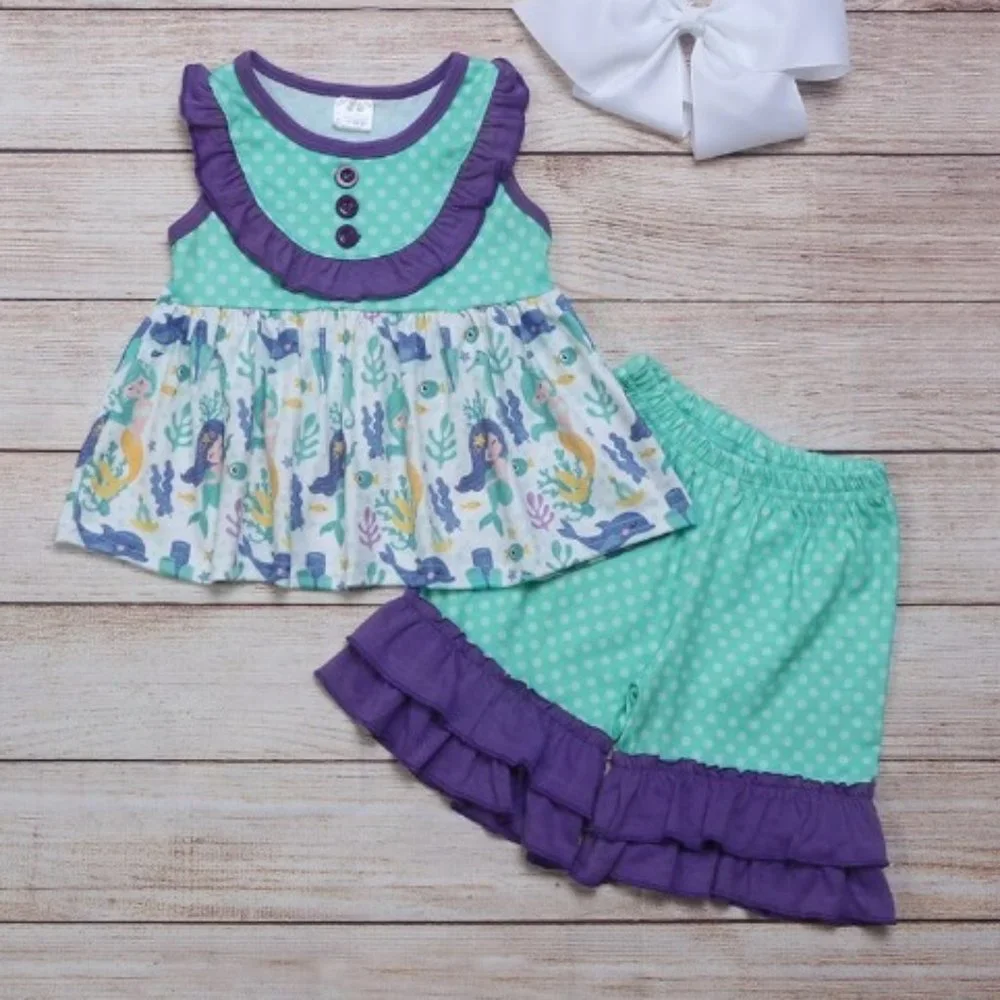 Boutique Mermaid Girls Tunic & Ruffle Shorts Outfit